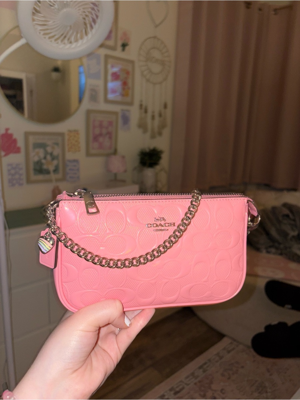 Coach Pink Nolita Embossed Signature Chain Wristlet